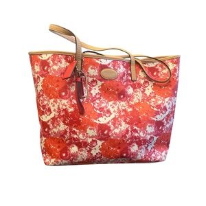 Coach Peyton Floral Print Top Handle Tote Bag Pink Orange White Leather Bag